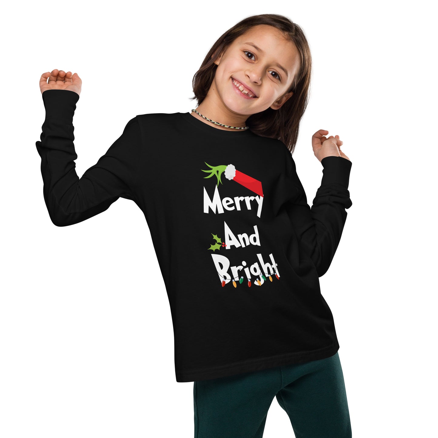 Merry and Bright Grinch Hand Kids' long sleeve tee Holiday Glow Fun long sleeve tee