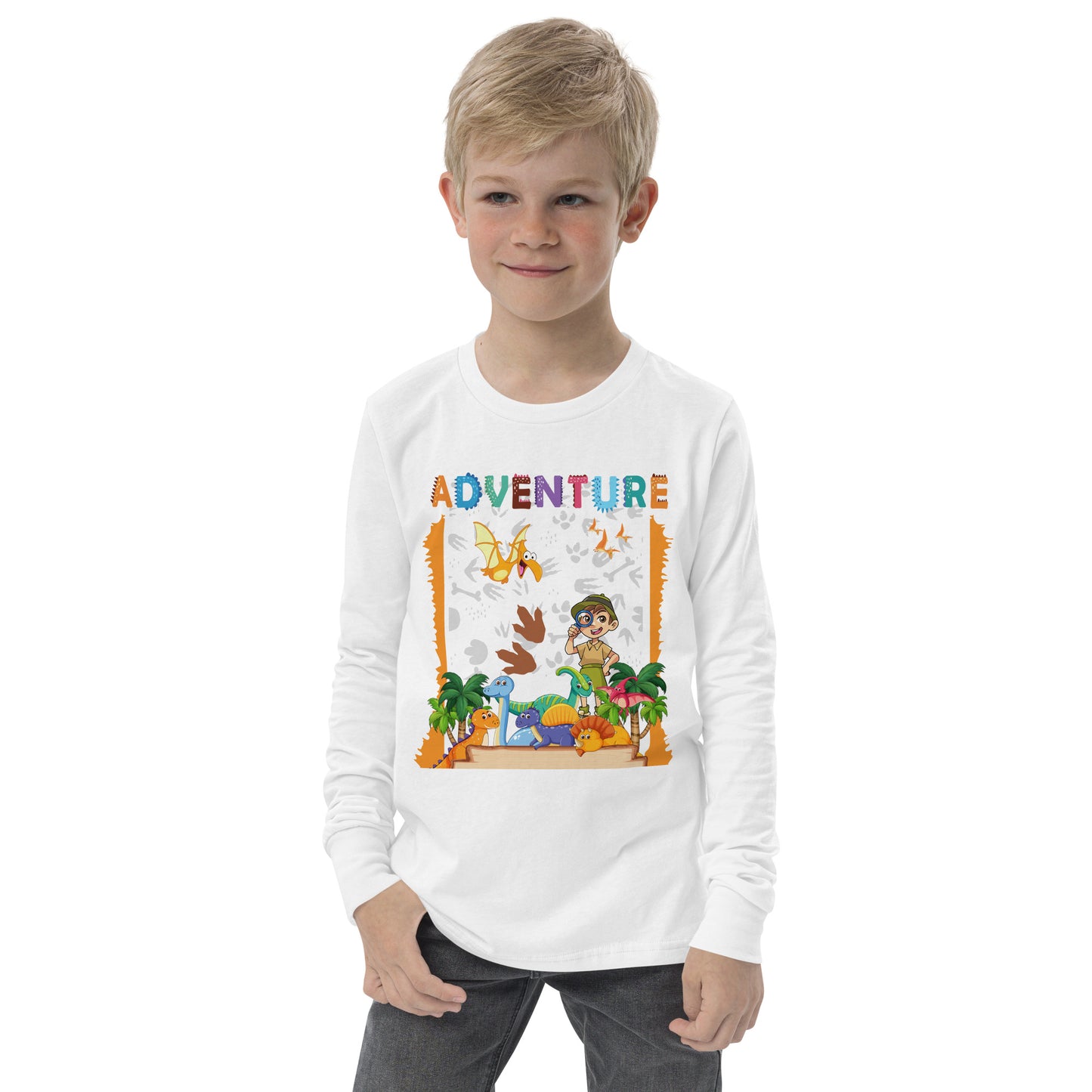 Camiseta de manga larga juvenil de dinosaurios de aventura