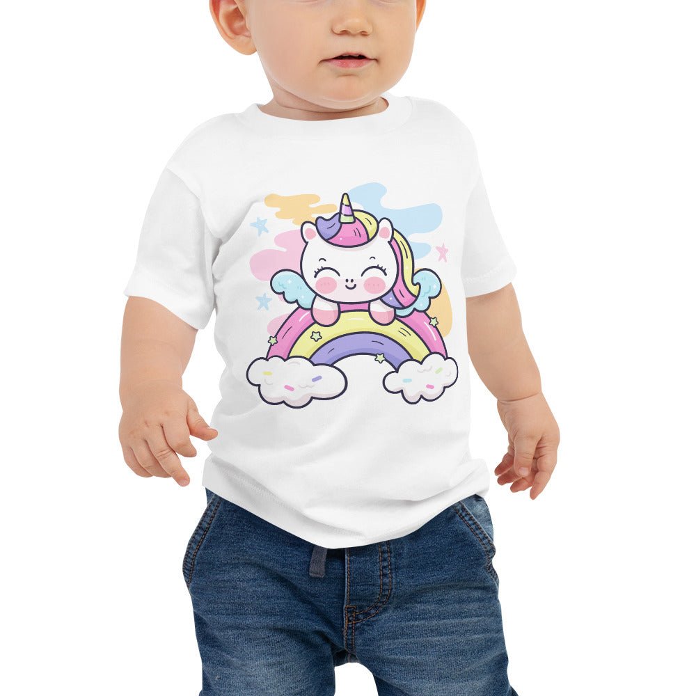 Camiseta de manga corta de punto para bebé con unicornio arcoíris