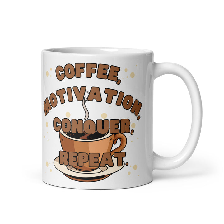 Café, Motivación, Conquistar, Repetir. Taza de café blanca brillante
