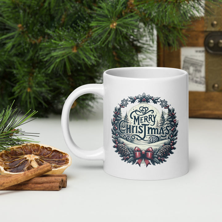 Holiday wreath design, Merry Christmas White 20 oz. glossy mug