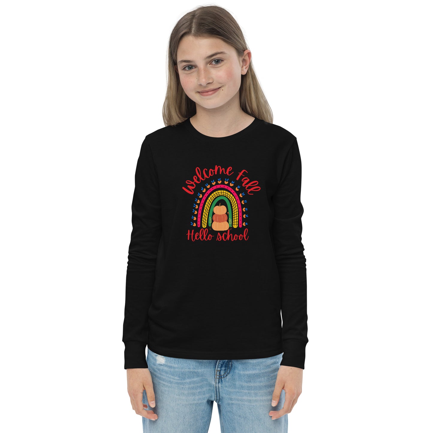 Welcome Fall, Hello School (pumpkin) - Youth Long Sleeve Tee