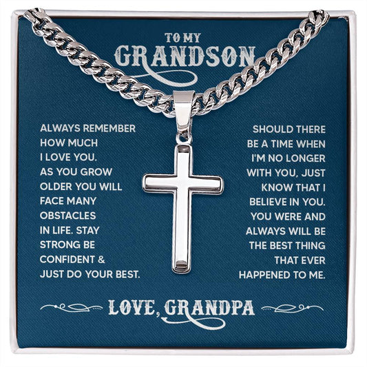 Cross Necklace with Cuban Chain - Grandson message from Grandma message box