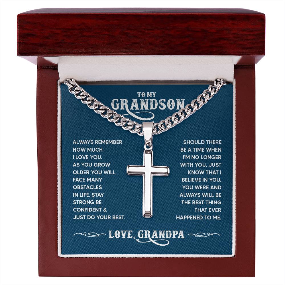 Cross Necklace with Cuban Chain - Grandson message from Grandma message box