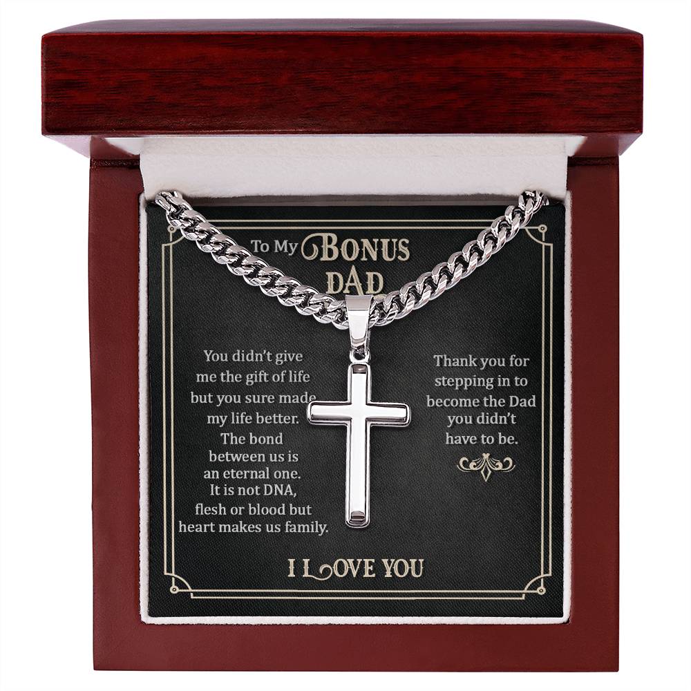 Cross Necklace with Cuban Chain  - To My Bonus Dad message box.